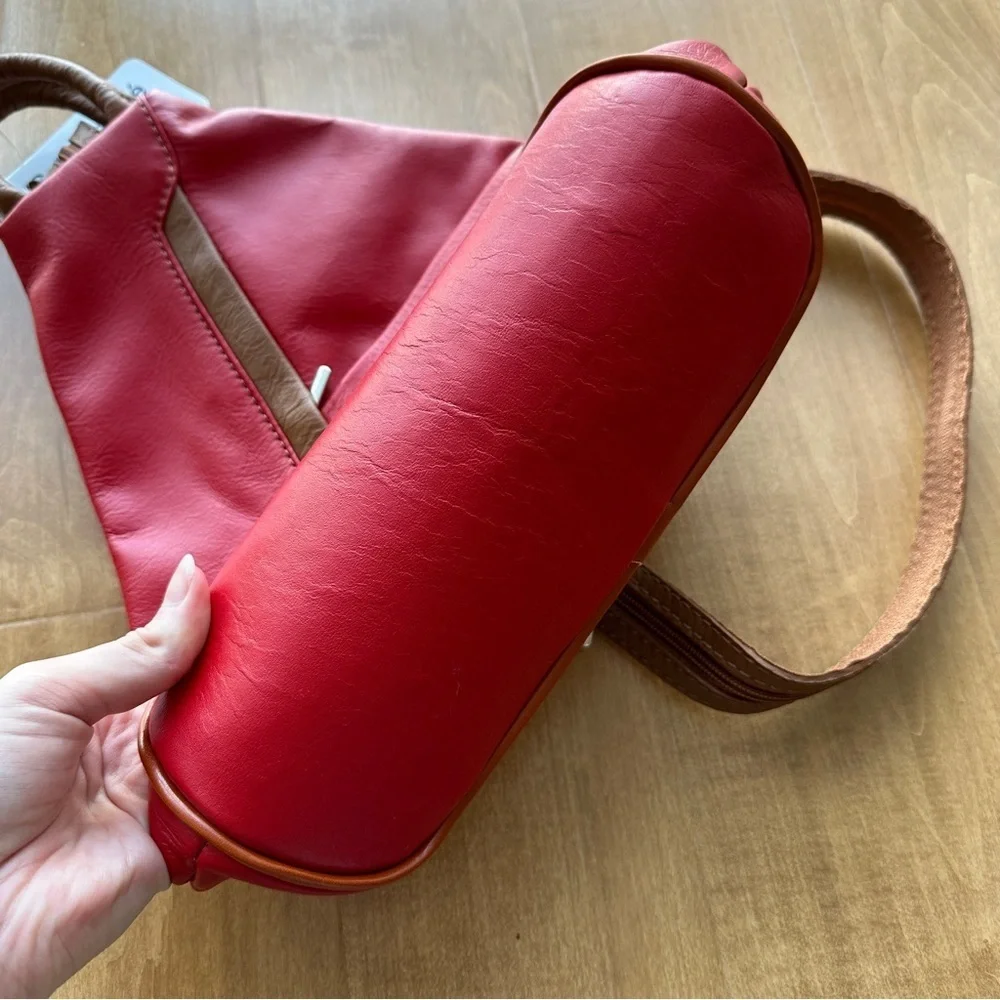 Vera Pelle Genuine Soft Italian Leather Backpack/Rucksack Shoulder Bag, Red/Tan